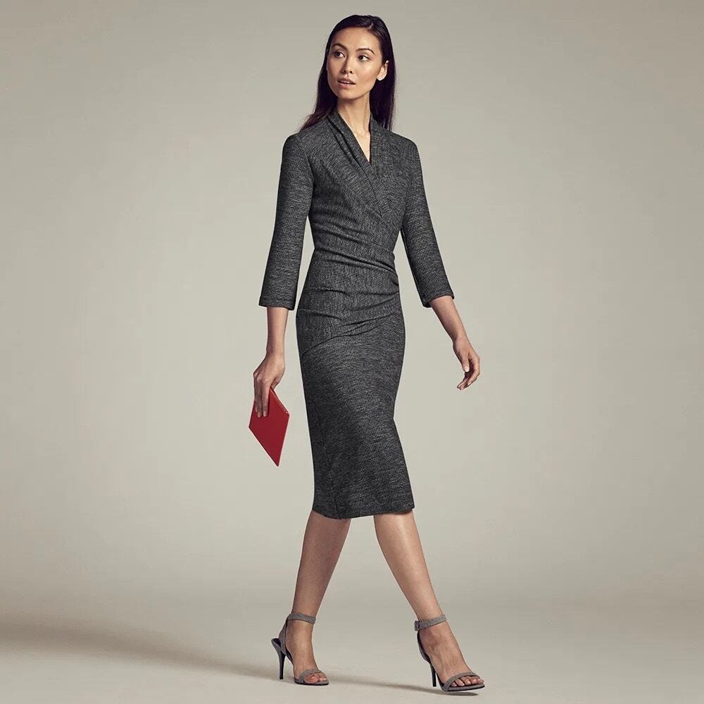 M.M.LaFleur Casey Dress Mini Houndstooth Large Gray Black Faux Wrap Cotton Wool